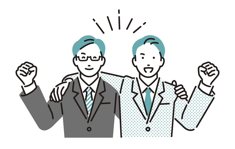 肩を組んで笑顔で前を向く、起業・会社設立を志す二人のビジネスパーソンのイラスト