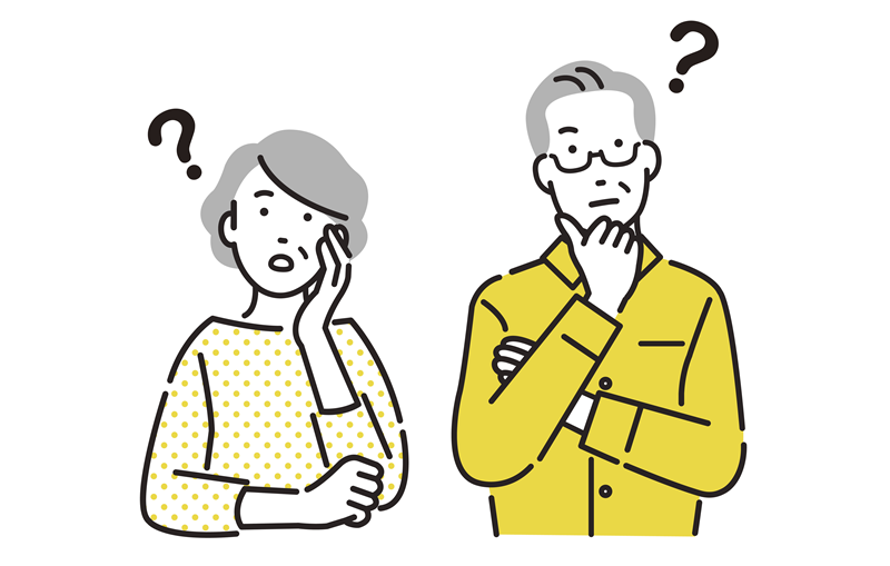 将来の遺言や相続について不安そうに悩んでいる高齢の夫婦のイラスト