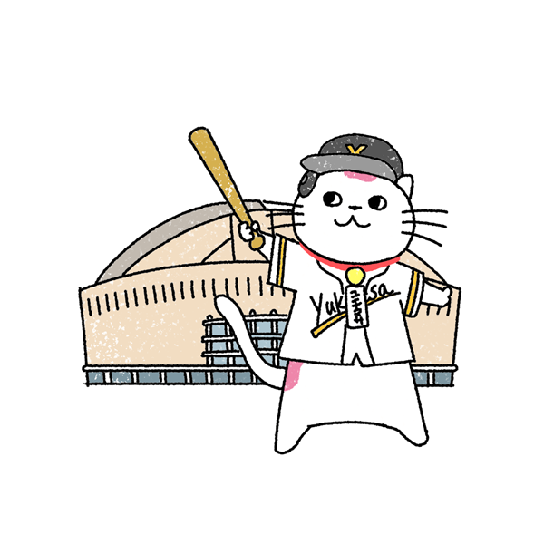 PayPayドームをバックにバットを構えるユキマサくん